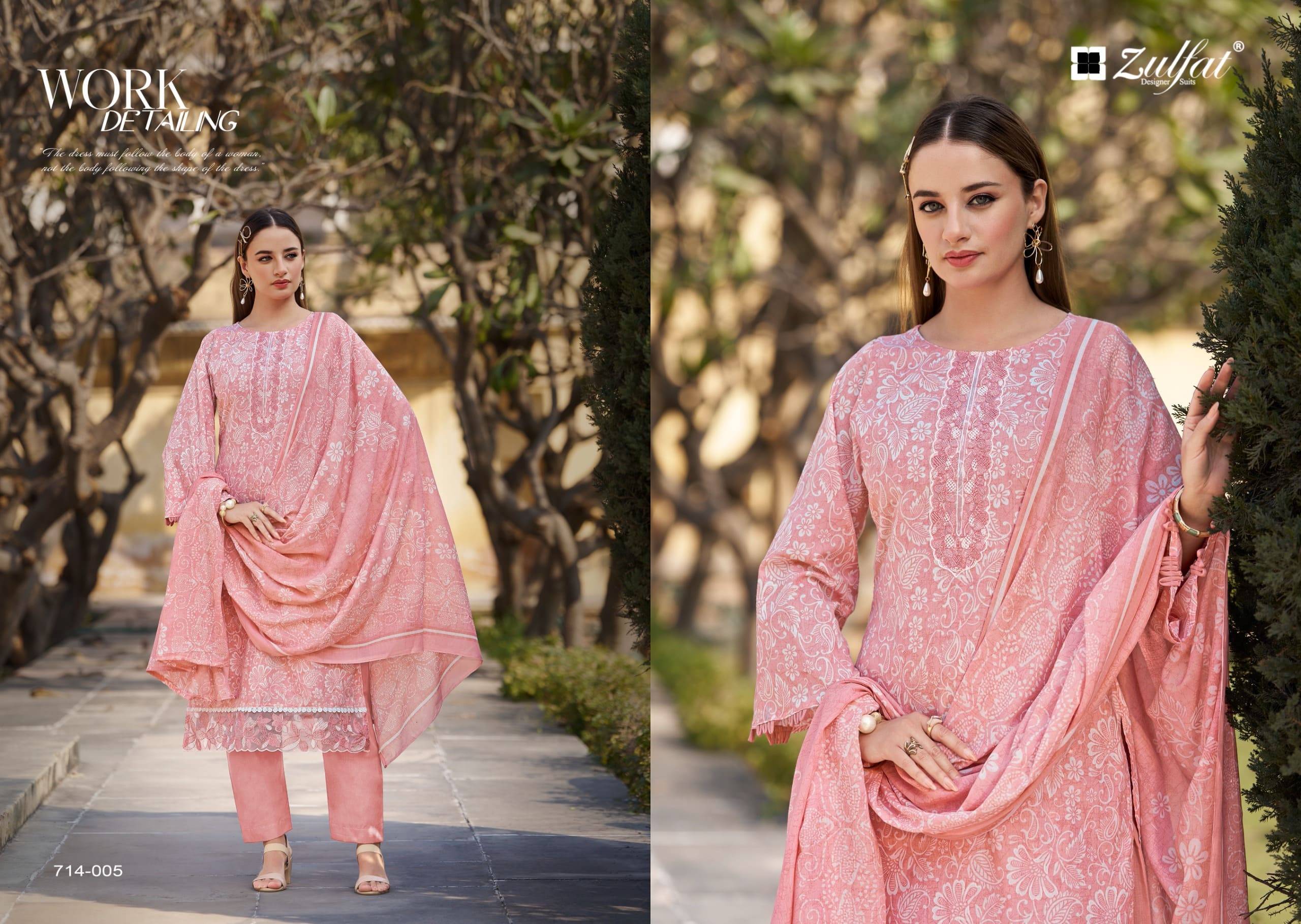 Mashuqa by zulfat  714-001 to 714-006 Series Beautiful Festive Suits Stylish Fancy Colorful Casual Wear & Ethnic Wear Pure Jam Cotton Dresses At Wholesale Price